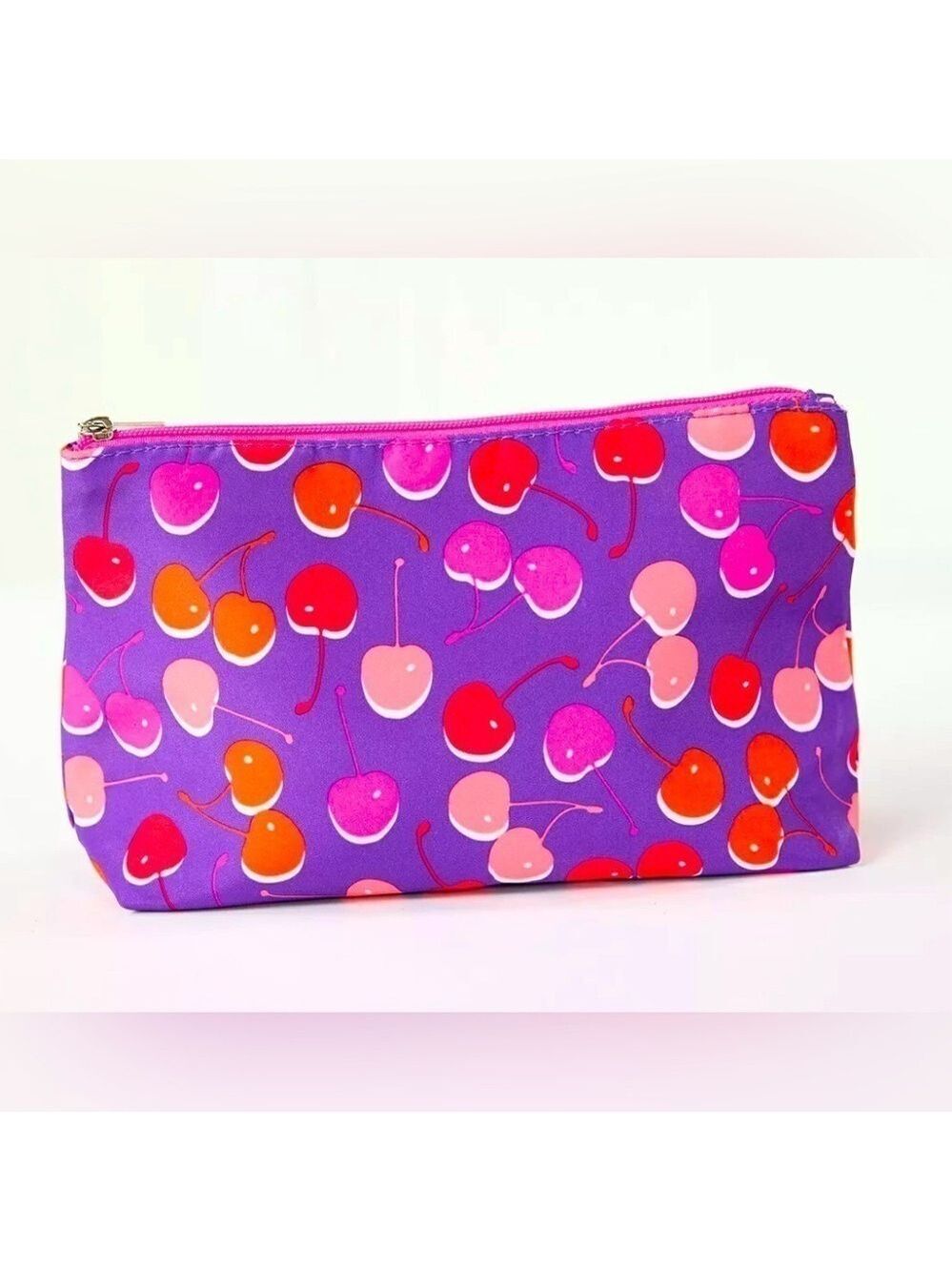 Clinique Cherry Print Purple & Pink Makeup Cosmetic Bag Travel Case EUC